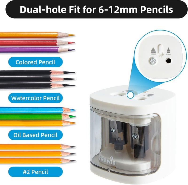 tenwin Electric Pencil Sharpener, Dual Hole Pencil Sharpeners Battery Powered, Small&Portable, Fit for 6-12mm No.2/Colored Pencils, Kids, School/Home (White) - Image 2